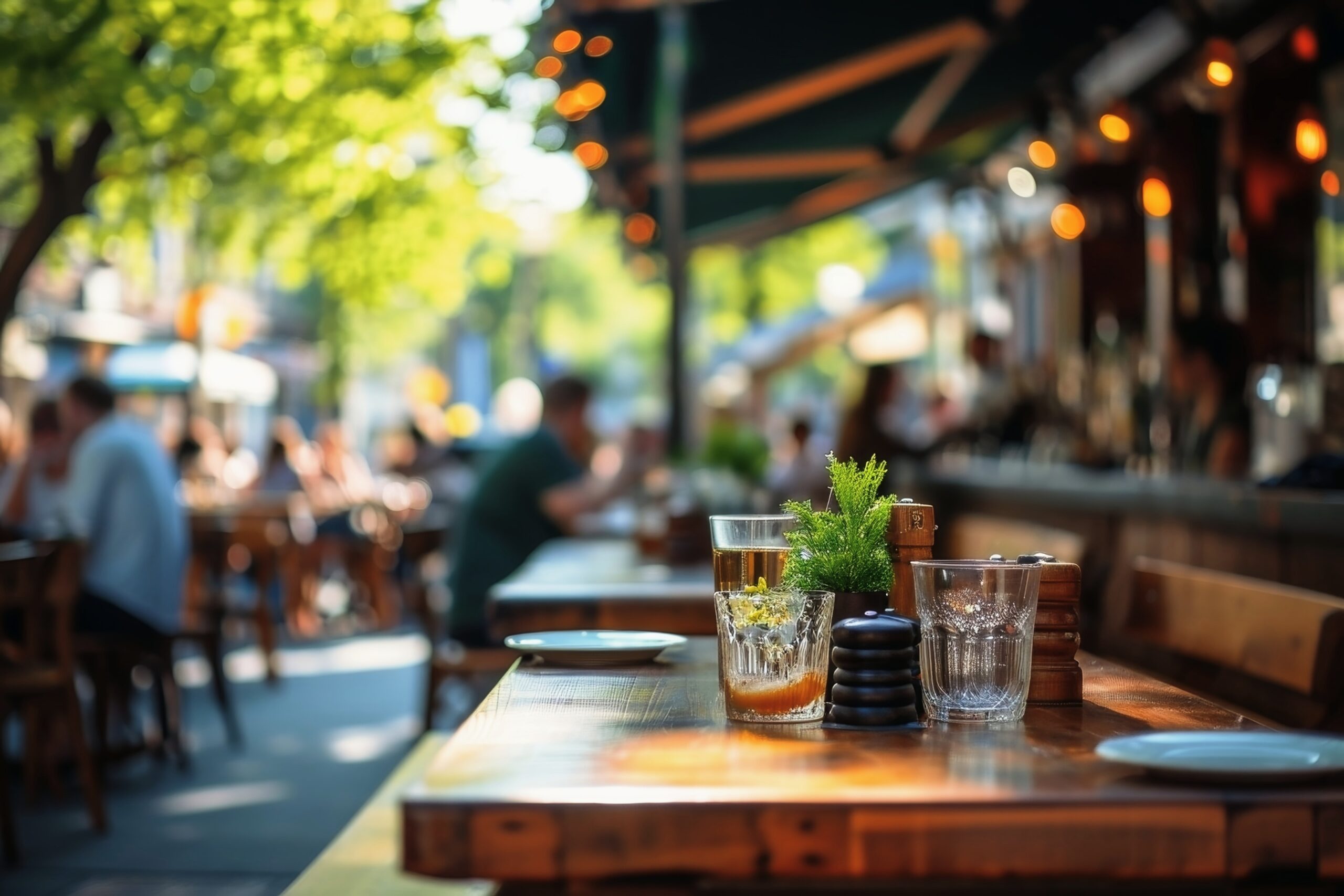 An outdoor bar and restaurant with people in the blurred background